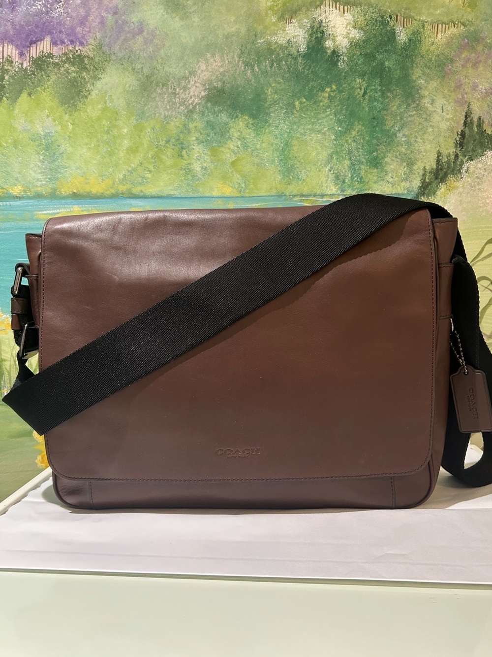 Coach Charles Dark Brown Mahogany Leather Messenger Bag with Black Strap